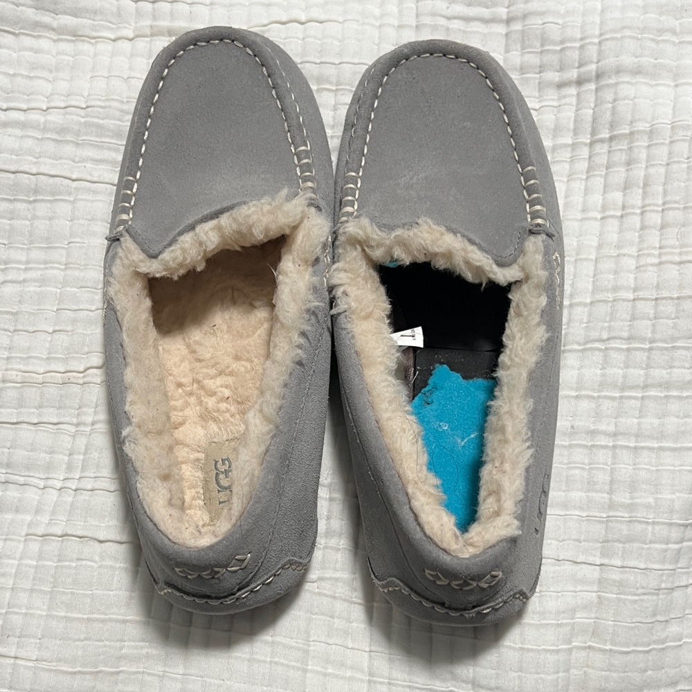 UGG Gray Suede Shearling-Lined Moccasin Slippers